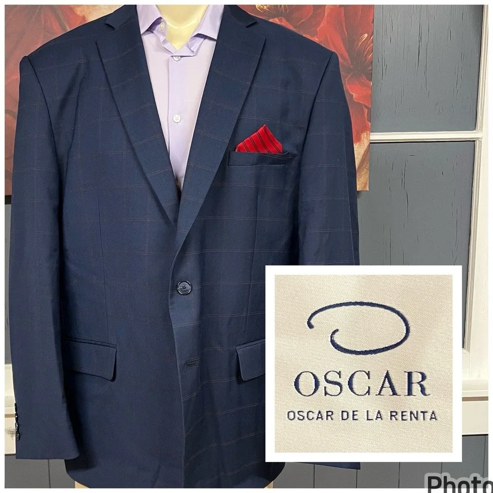 Oscar De La Renta Blazer Men 48R Classic Fit Polyester Blend Stretch Navy/Orange
